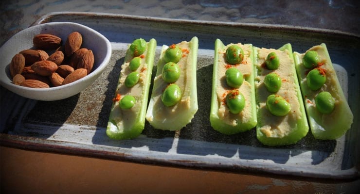 Healthy Snack Recipe: Celery with Hummus and Edamame