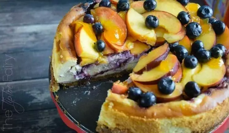 Blueberry Peach Cheesecake with Walnut Crust