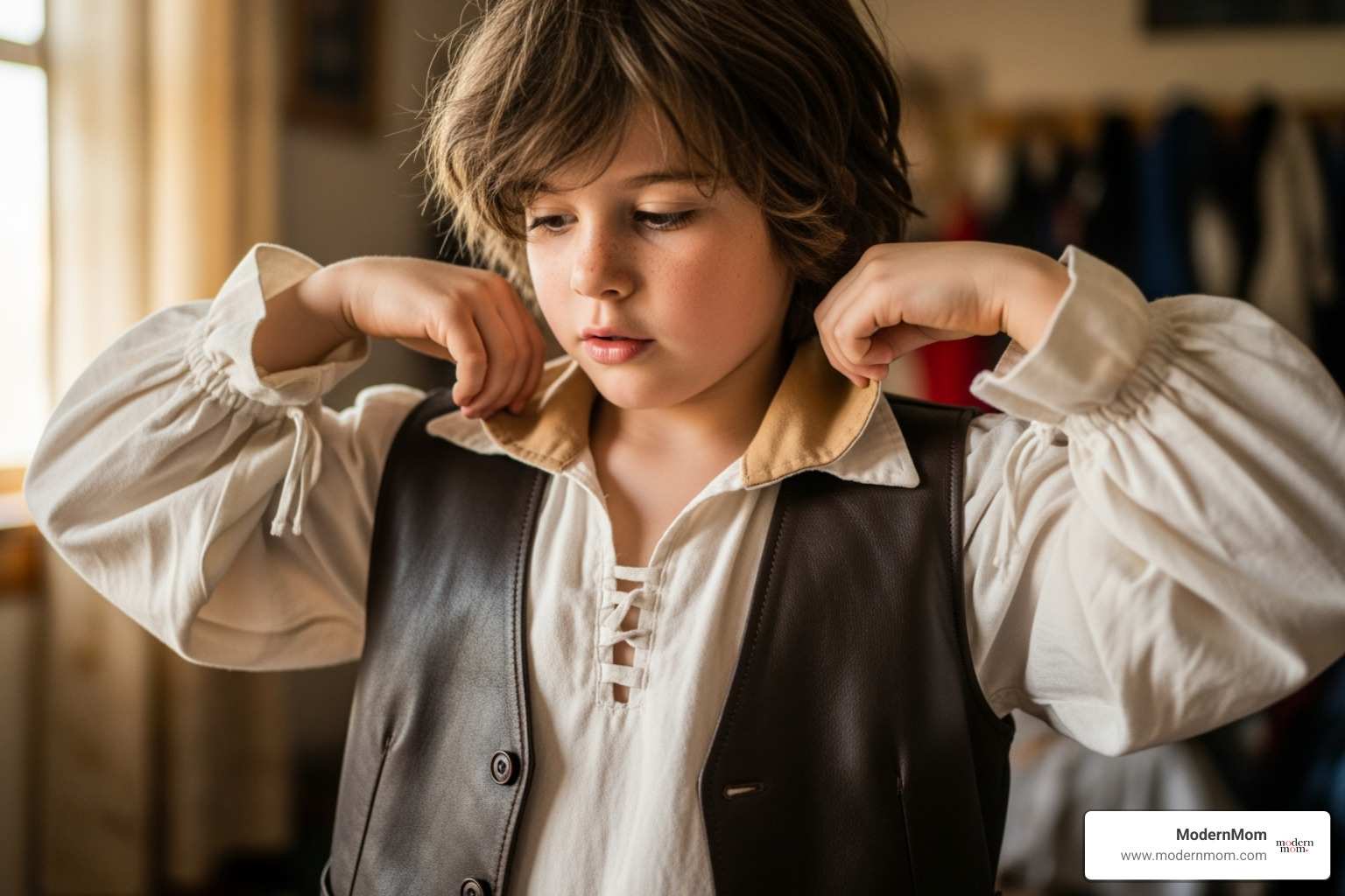 A child layering a simple vest over their pirate shirt - at home pirate costume A child layering a simple vest over their pirate shirt - at home pirate costume