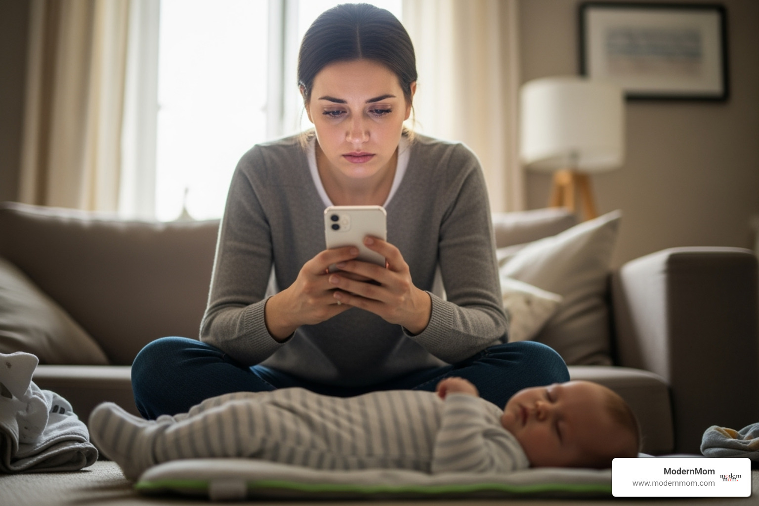 mom looking stressed while scrolling on her phone with a baby nearby - new mom stress mom looking stressed while scrolling on her phone with a baby nearby - new mom stress