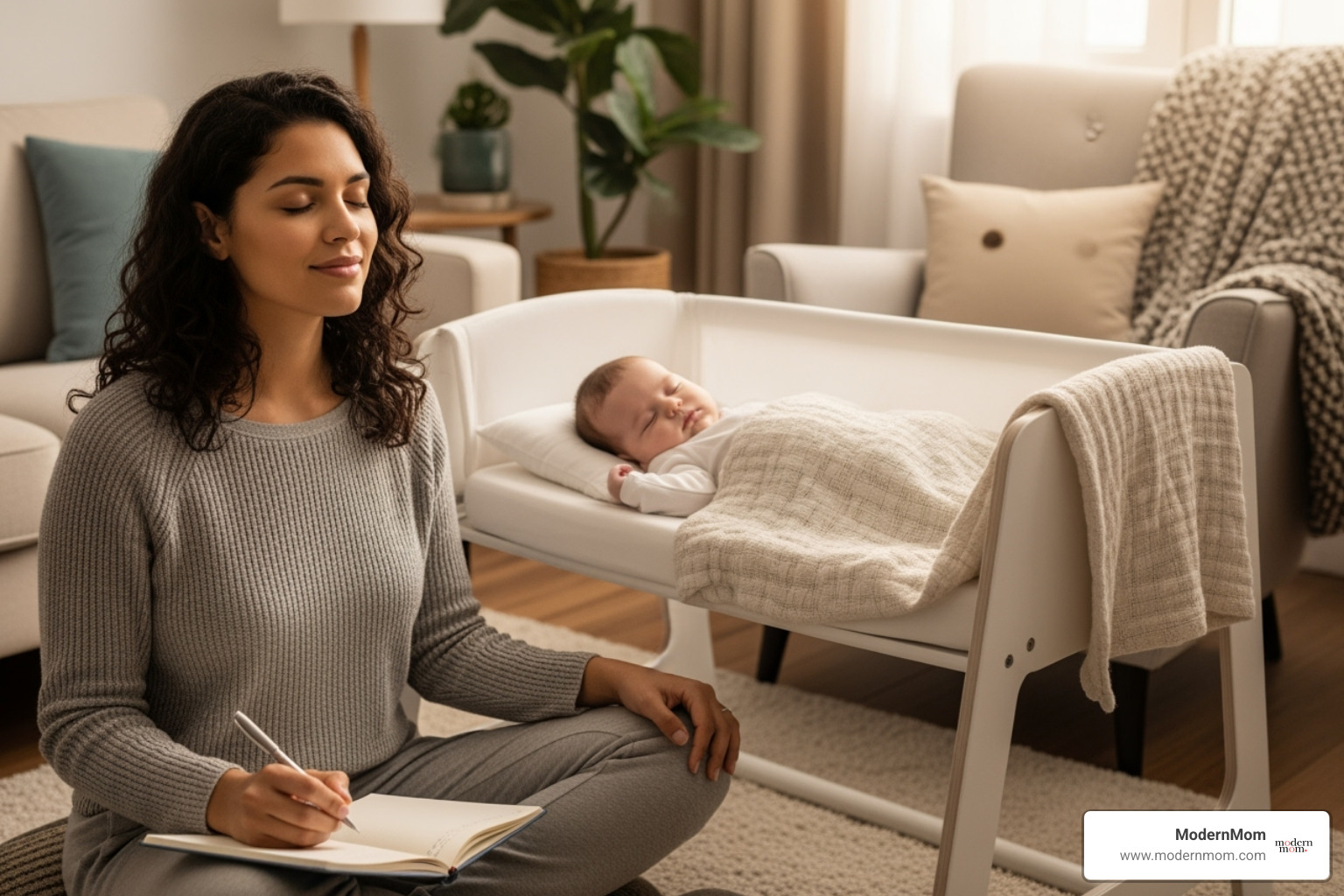 new mom meditating or journaling while her baby sleeps - new mom stress new mom meditating or journaling while her baby sleeps - new mom stress