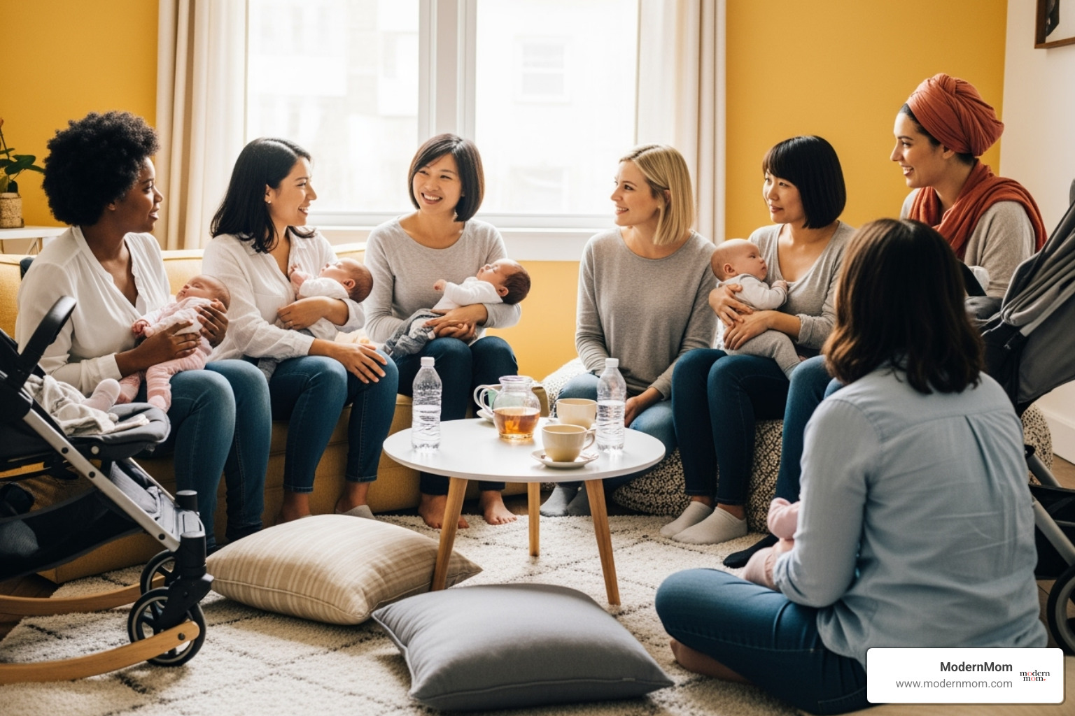 diverse group of new moms in a support group setting - new mom stress diverse group of new moms in a support group setting - new mom stress