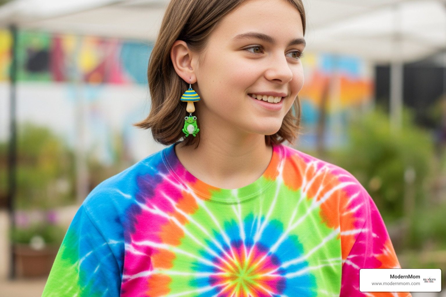 A teen wearing a custom tie-dye shirt and handmade polymer clay earrings, showcasing personalized style. - craft projects for teens A teen wearing a custom tie-dye shirt and handmade polymer clay earrings, showcasing personalized style. - craft projects for teens