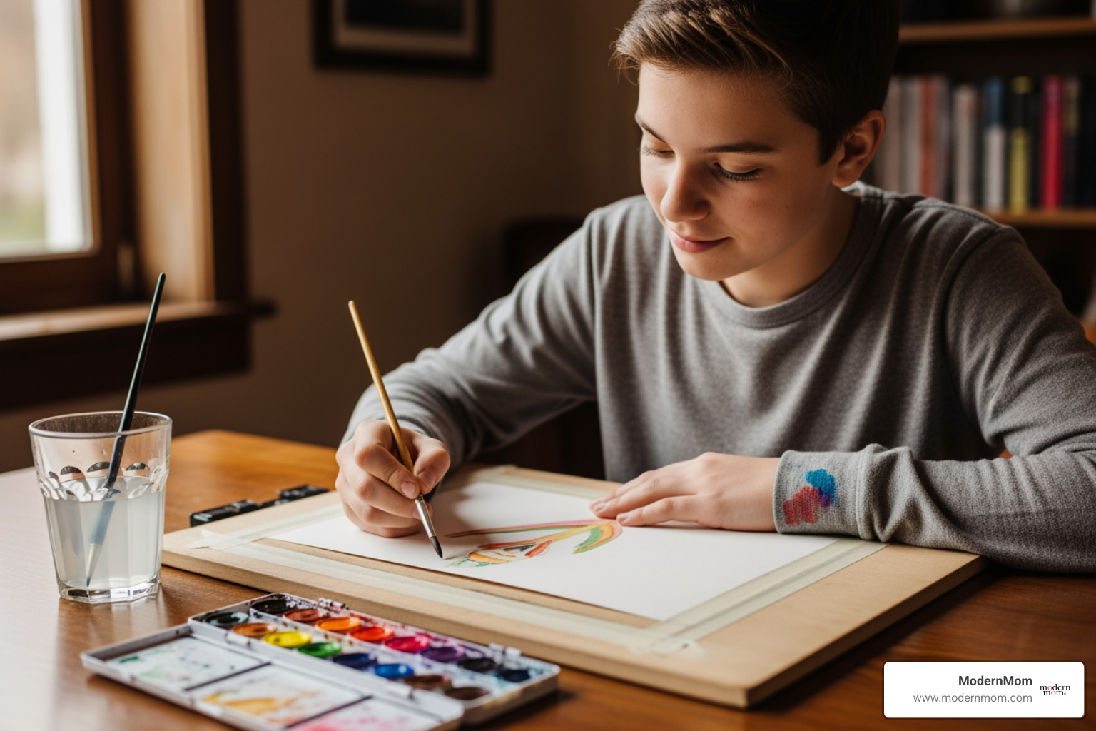 A teen looking relaxed and focused while painting watercolors, demonstrating the calming effect of crafting. - craft projects for teens A teen looking relaxed and focused while painting watercolors, demonstrating the calming effect of crafting. - craft projects for teens