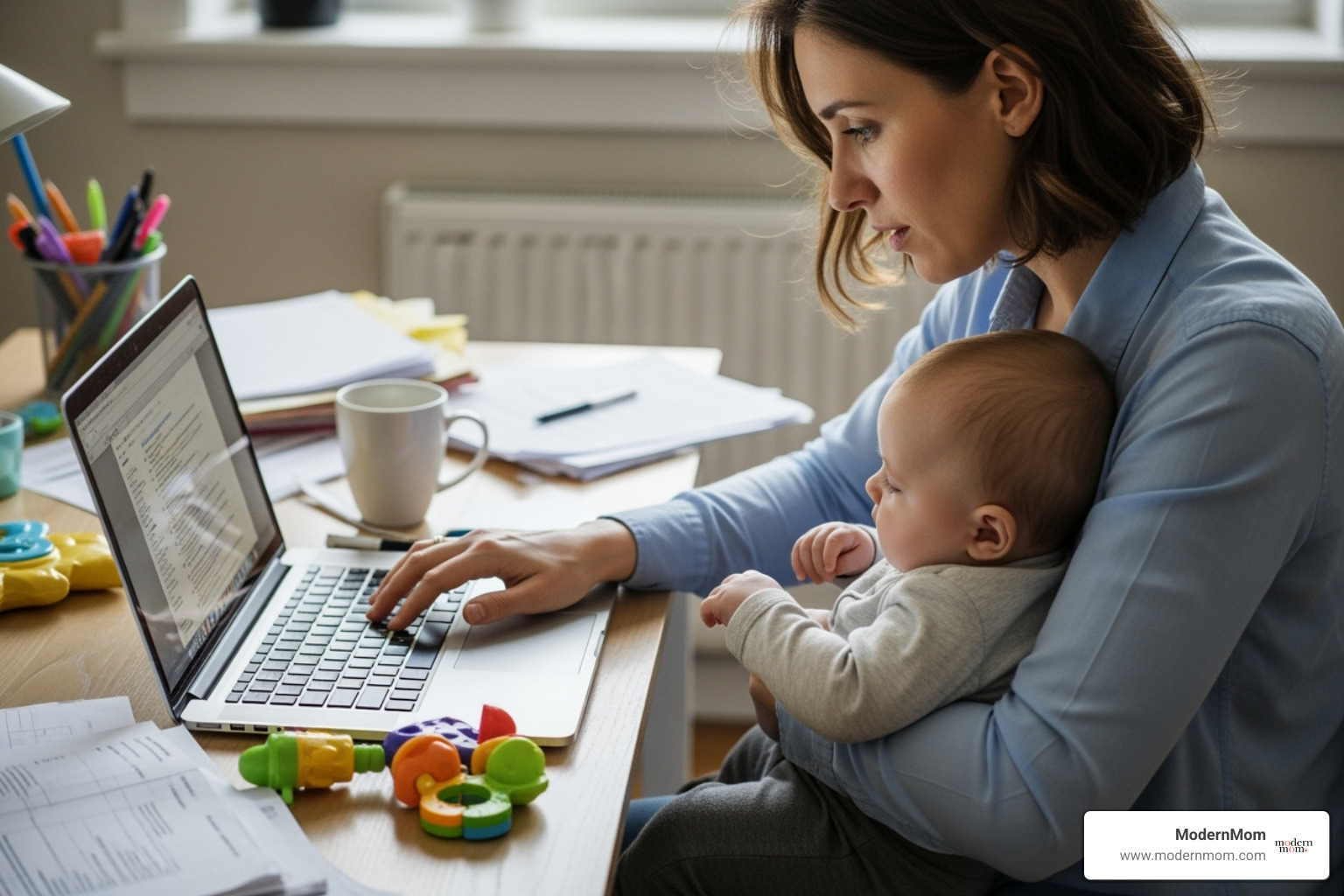mother juggling laptop and baby - coping with mom guilt mother juggling laptop and baby - coping with mom guilt