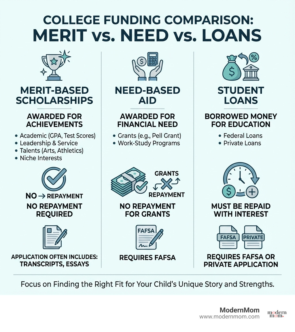 Infographic comparing Merit-Based Scholarships (awarded for achievements like GPA, test scores, leadership, and talents; no repayment required; application often includes transcripts and essays) versus Need-Based Aid (awarded for demonstrated financial need; includes grants and work-study; no repayment for grants; requires FAFSA) versus Student Loans (borrowed money for education; must be repaid with interest; requires FAFSA or private application) - Merit scholarship search infographic 