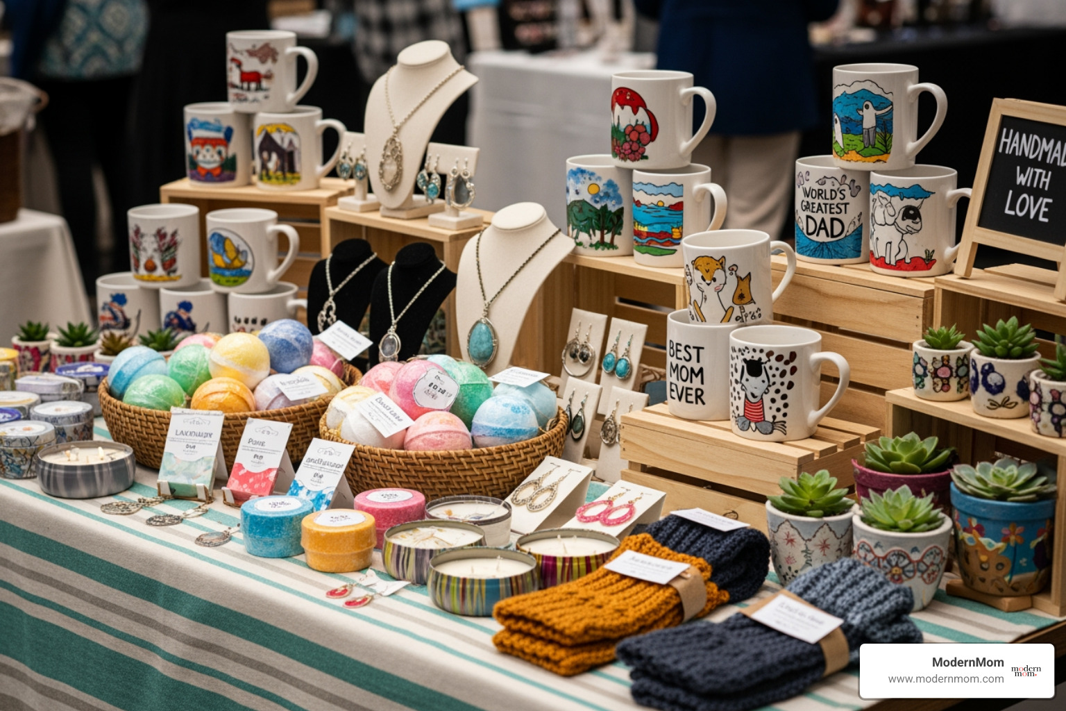 A display of colorful, gift-ready crafts, including bath bombs, jewelry, and personalized mugs, appealing to potential buyers. - craft projects for teens A display of colorful, gift-ready crafts, including bath bombs, jewelry, and personalized mugs, appealing to potential buyers. - craft projects for teens