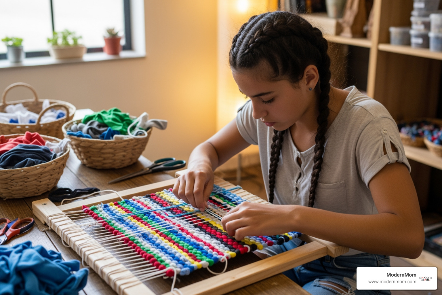 A teen weaving a colorful rug from old t-shirts, demonstrating upcycling and crafting skills. - craft projects for teens A teen weaving a colorful rug from old t-shirts, demonstrating upcycling and crafting skills. - craft projects for teens