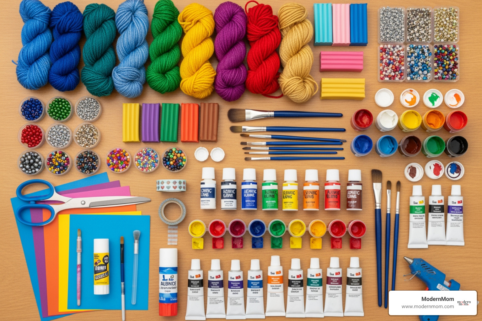 A flat-lay with colorful craft supplies like yarn, clay, beads, and paint, ready for creative projects. - craft projects for teens A flat-lay with colorful craft supplies like yarn, clay, beads, and paint, ready for creative projects. - craft projects for teens