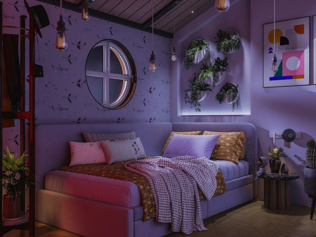 A stylish teen bedroom featuring a handmade yarn wall hanging and a custom-painted planter, reflecting personal touches. - craft projects for teens A stylish teen bedroom featuring a handmade yarn wall hanging and a custom-painted planter, reflecting personal touches. - craft projects for teens