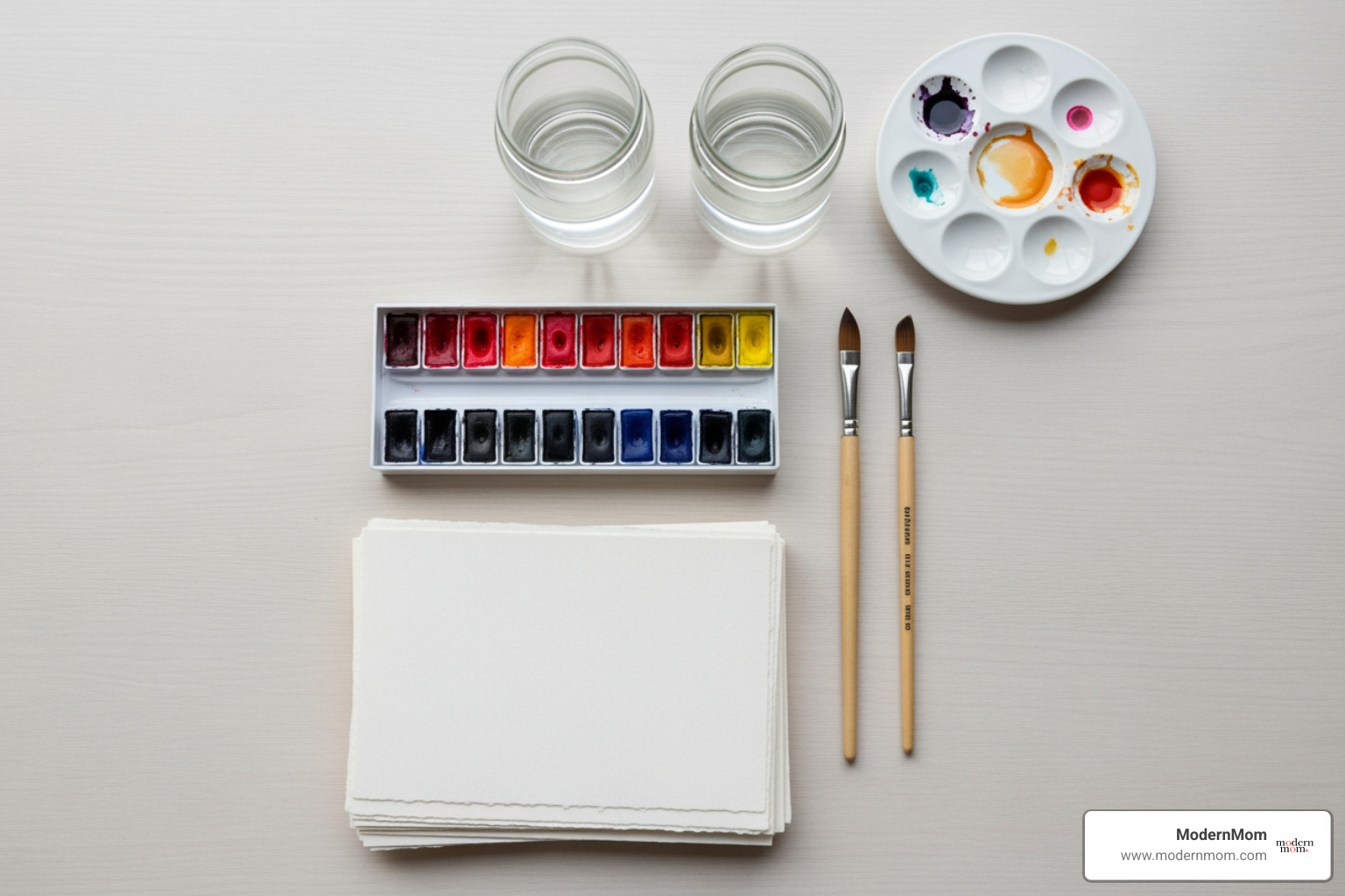 A minimalist flat-lay of beginner watercolor supplies including a pan set of paints, a couple of brushes, watercolor paper, two water jars, and a small mixing palette on a wooden surface. - watercolor painting projects A minimalist flat-lay of beginner watercolor supplies including a pan set of paints, a couple of brushes, watercolor paper, two water jars, and a small mixing palette on a wooden surface. - watercolor painting projects