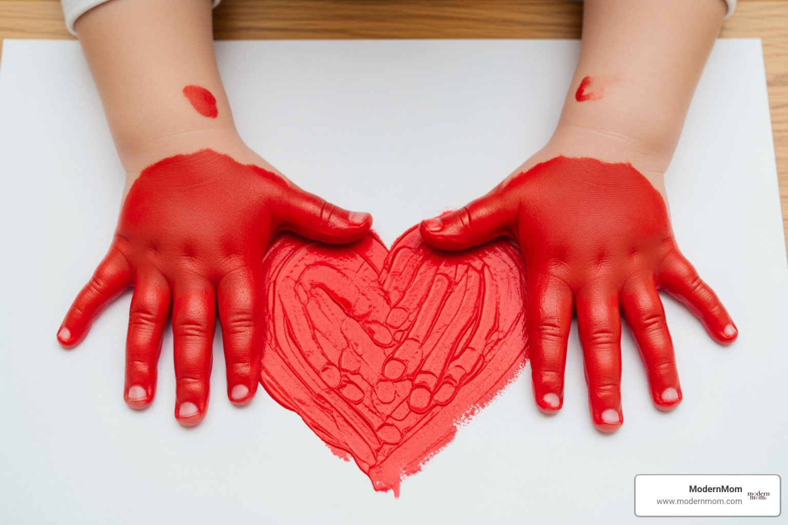 A toddler's hands covered in paint making a handprint heart - Easy Valentine's Day Crafts the Whole Family Will Love A toddler's hands covered in paint making a handprint heart - Easy Valentine's Day Crafts the Whole Family Will Love