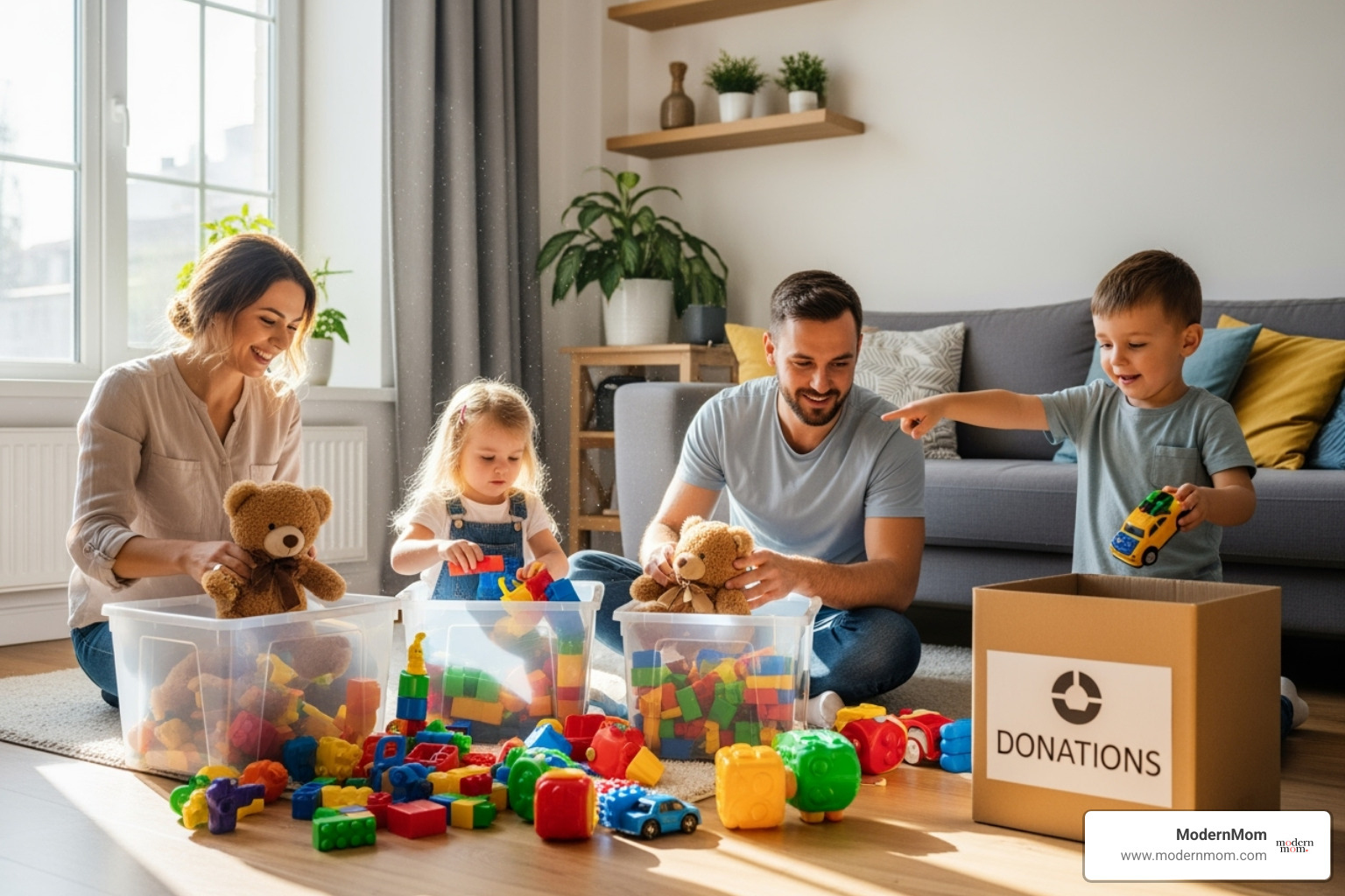 Family sorting through toys together - 27 declutter hack Family sorting through toys together - 27 declutter hack
