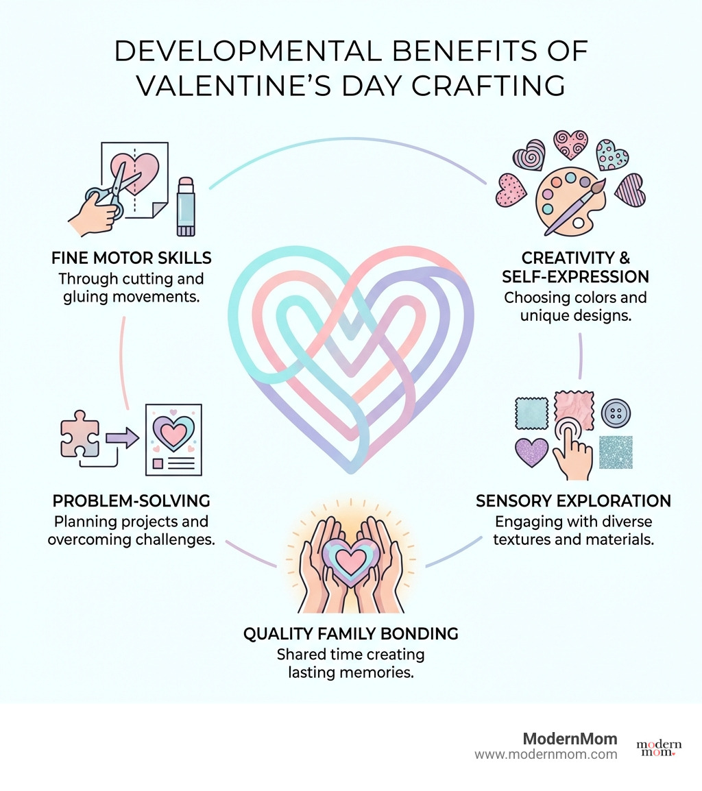 Infographic showing developmental benefits of Valentine's Day crafting for children including fine motor skills development through cutting and gluing, creativity and self-expression through choosing colors and designs, problem-solving skills when planning craft projects, sensory exploration with different textures and materials, and quality family bonding time - Easy Valentine's Day Crafts the Whole Family Will Love infographic Infographic showing developmental benefits of Valentine's Day crafting for children including fine motor skills development through cutting and gluing, creativity and self-expression through choosing colors and designs, problem-solving skills when planning craft projects, sensory exploration with different textures and materials, and quality family bonding time - Easy Valentine's Day Crafts the Whole Family Will Love infographic