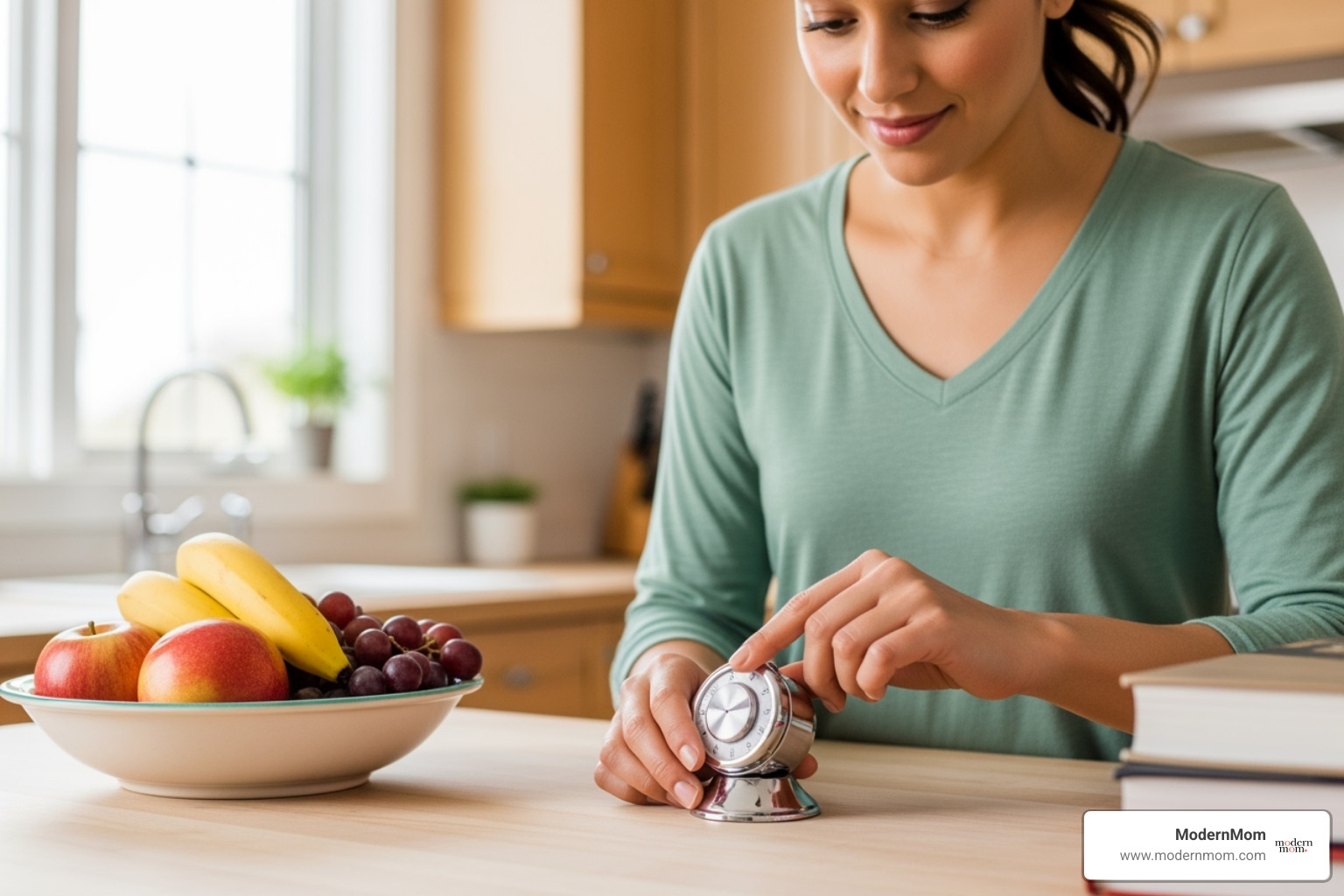 Mom setting a kitchen timer - 27 declutter hack Mom setting a kitchen timer - 27 declutter hack