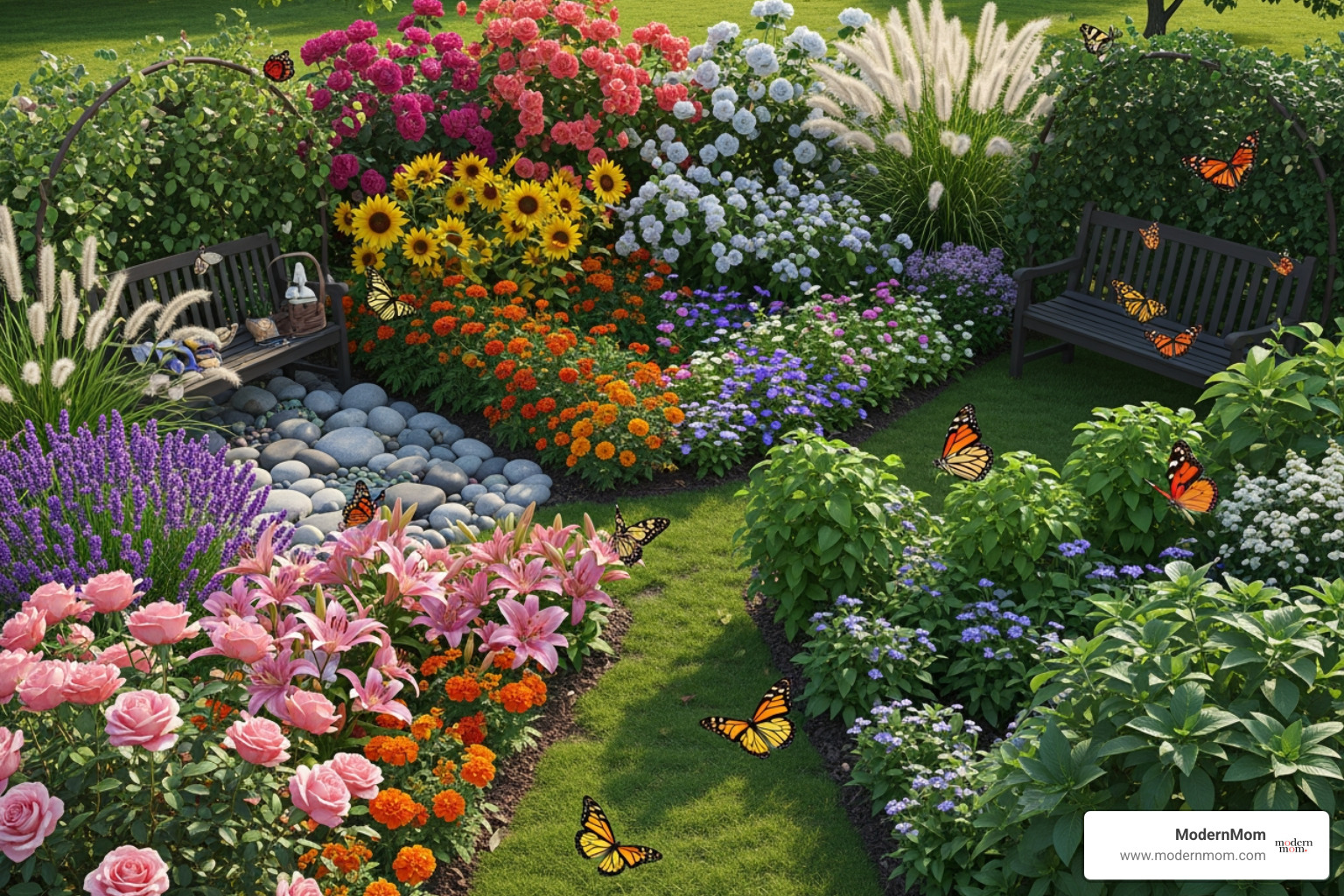 A vibrant, diverse garden with various flowers and plants, representing the many different facets of a person's well-being - holistic mental health