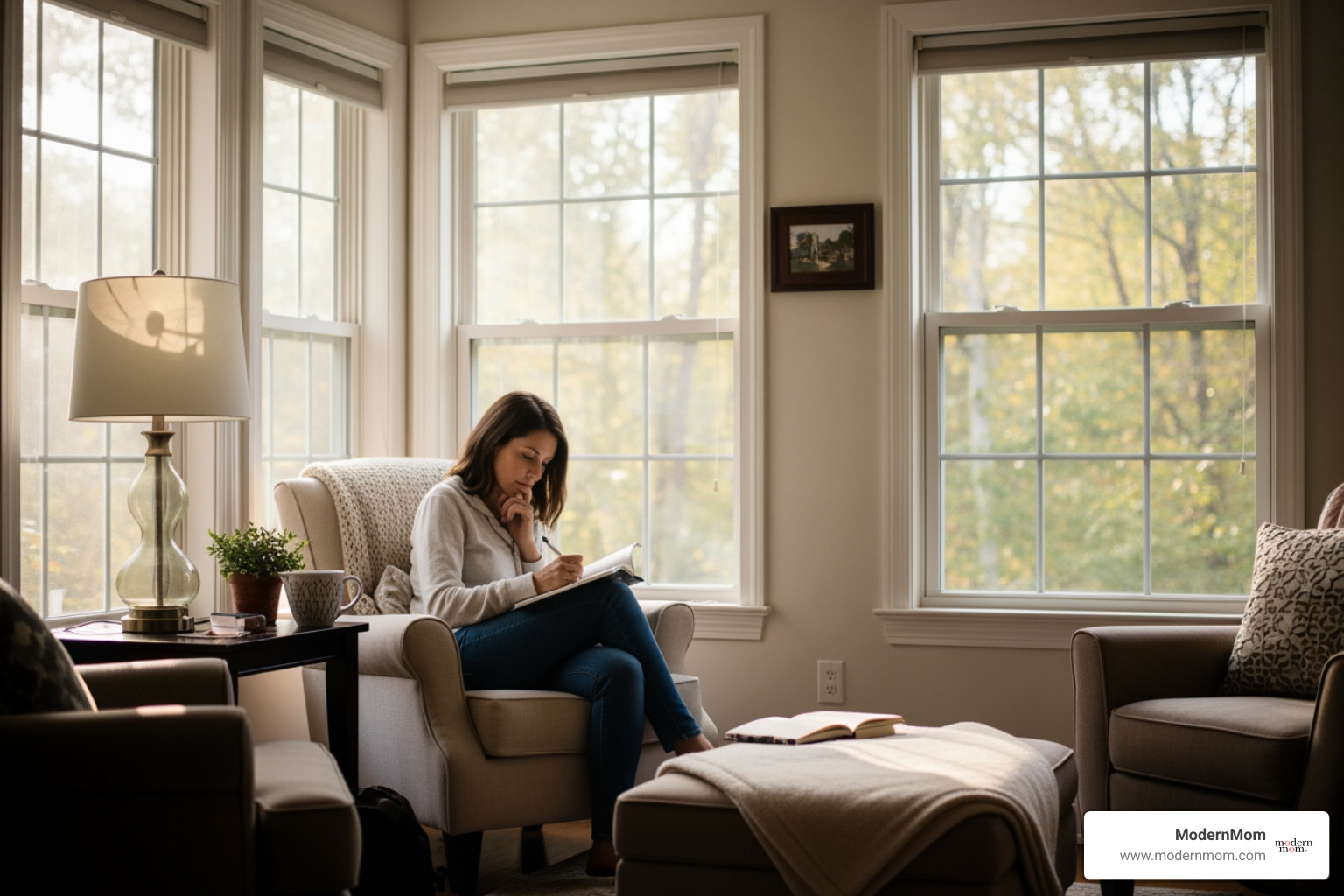 Woman reflecting in a sunlit room while journaling - mindful journaling prompts