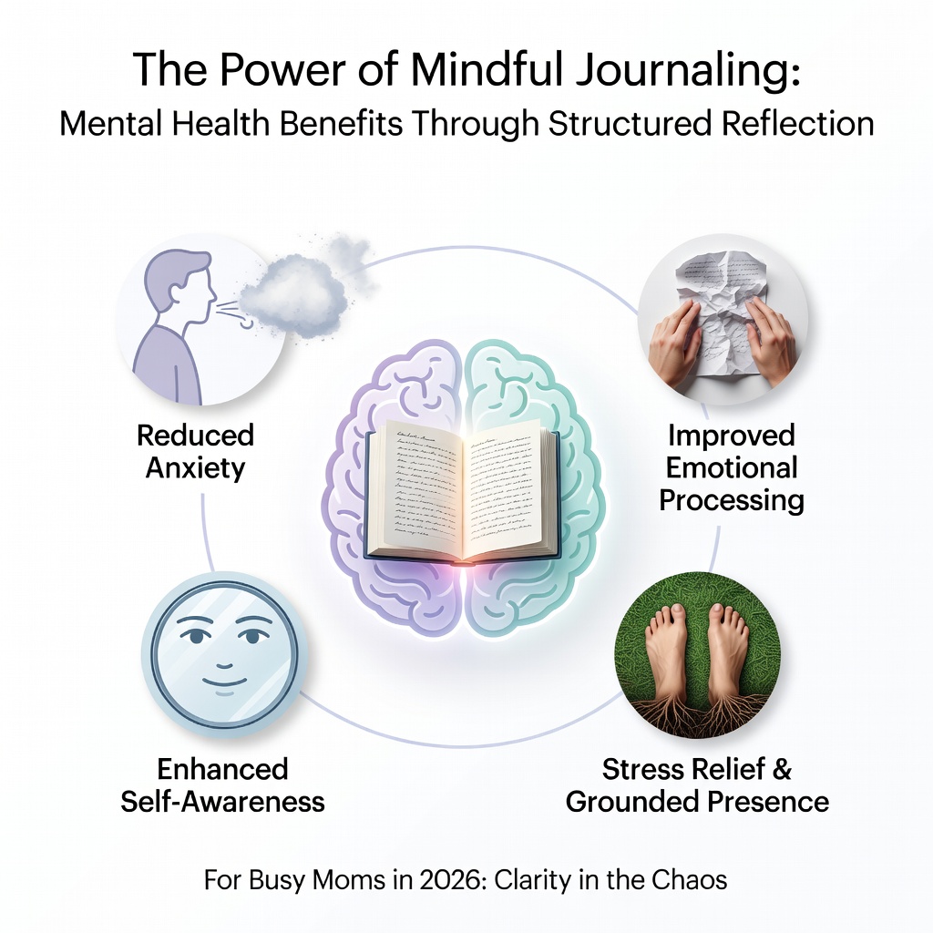 Infographic showing the mental health benefits of mindful journaling including reduced anxiety, improved emotional processing, enhanced self-awareness, stress relief, and grounded presence through structured reflection - mindful journaling prompts infographic 