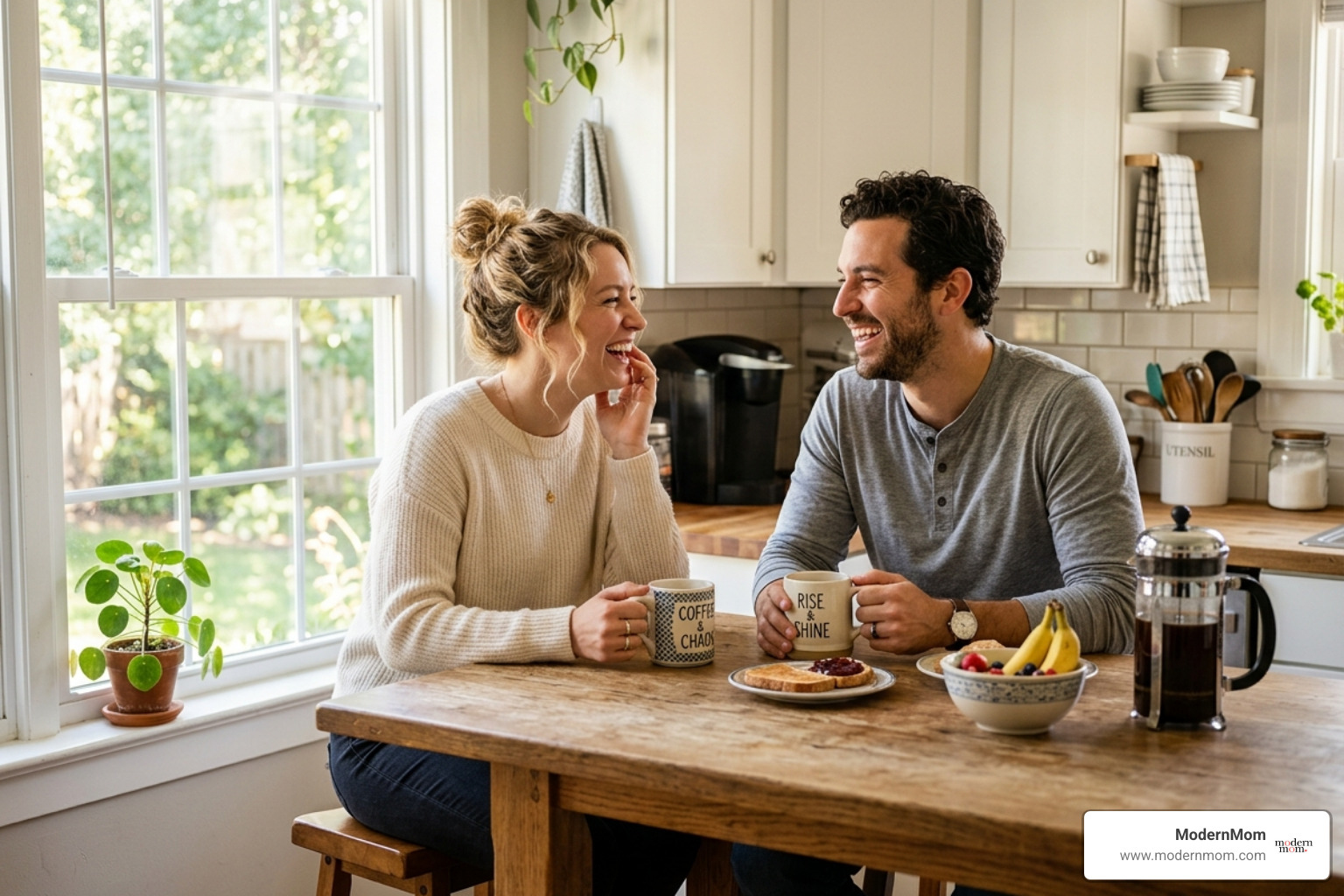 A couple sharing a quiet laugh over coffee in the morning - how to reconnect in a relationship A couple sharing a quiet laugh over coffee in the morning - how to reconnect in a relationship