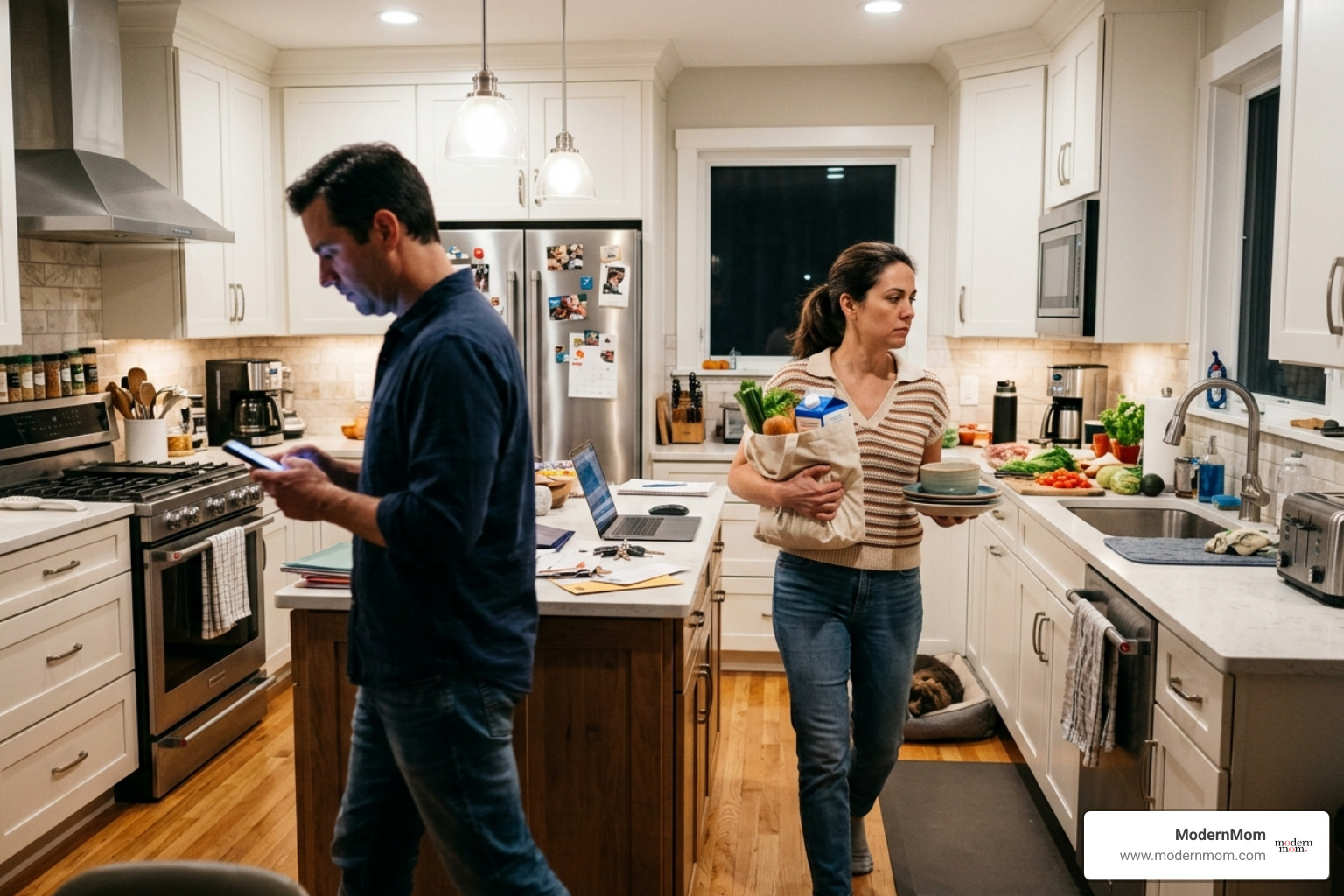 A busy kitchen with parents passing each other without looking up - how to reconnect in a relationship A busy kitchen with parents passing each other without looking up - how to reconnect in a relationship