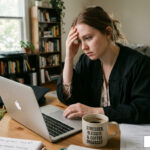 recent graduate at desk with laptop and coffee mug graduation career anxiety - college is finished, now i need a job