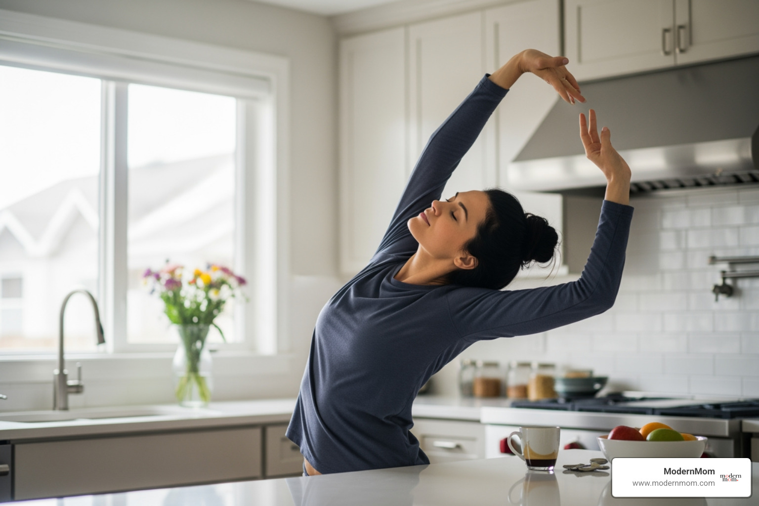 woman stretching at kitchen counter - Mental Health & Emotional Reset