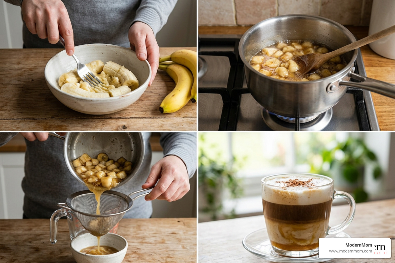 Step-by-step process of mashing banana, simmering syrup, straining, and assembling the latte Step-by-step process of mashing banana, simmering syrup, straining, and assembling the latte