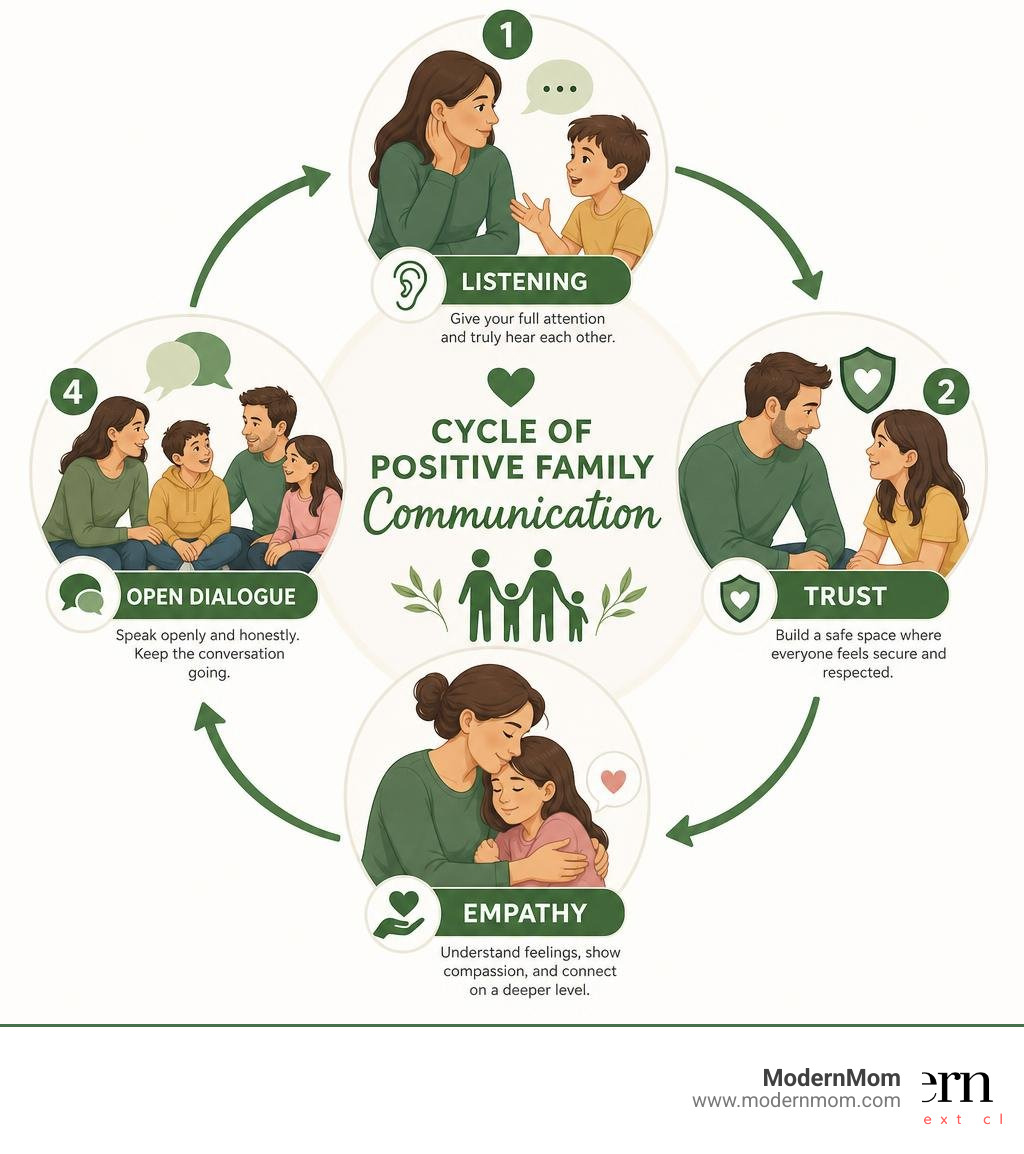 Cycle of positive family communication showing listening, trust, empathy, and open dialogue infographic Cycle of positive family communication showing listening, trust, empathy, and open dialogue infographic