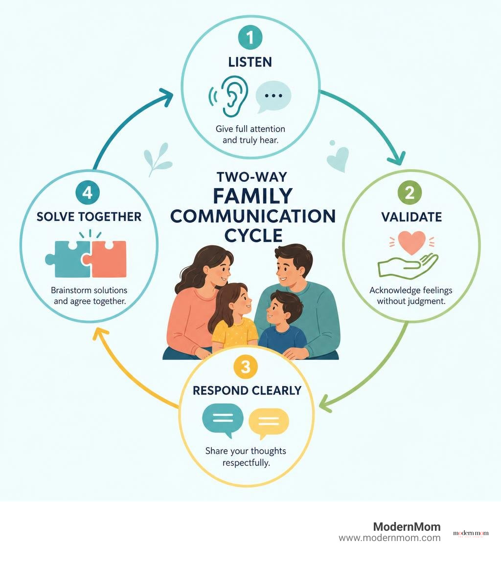 Two-way family communication cycle: listen, validate, respond clearly, solve together infographic
