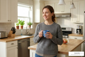 peaceful mom drinking coffee in a tidy kitchen